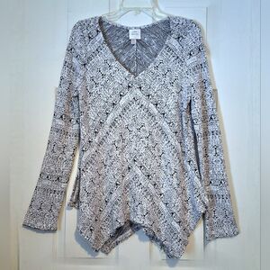 'Knox Rose' black & silver gray knit shirt unfinished frayed hankerchief hem XL